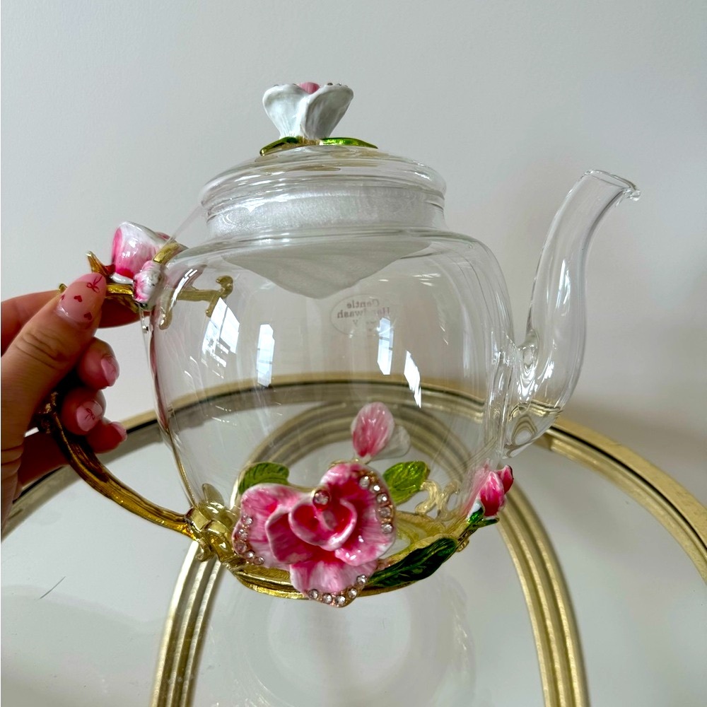 Elegant Glass Floral Teapot with Pink Accents NWT - Picture 5 of 7